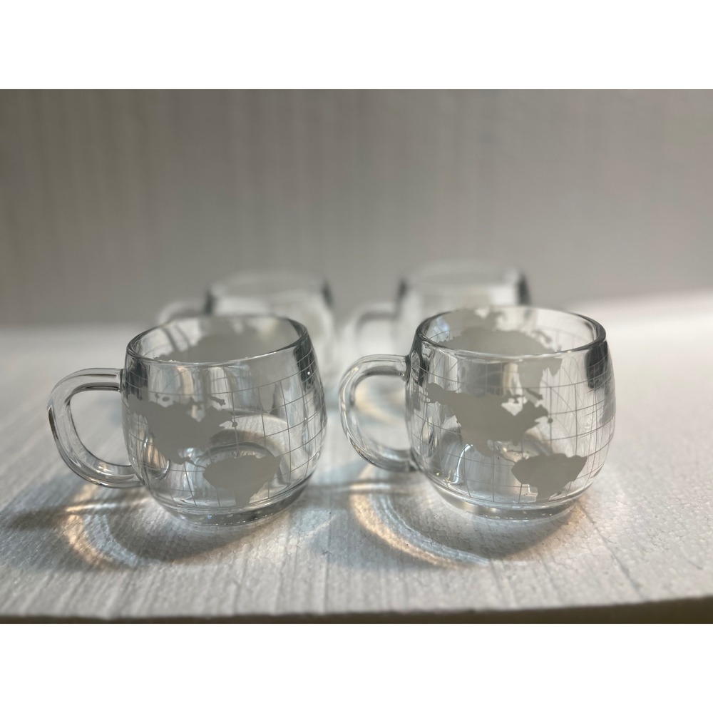 Set of 4 Globe World Map Etched Clear Glass Espresso Shot Glasses Mugs‎